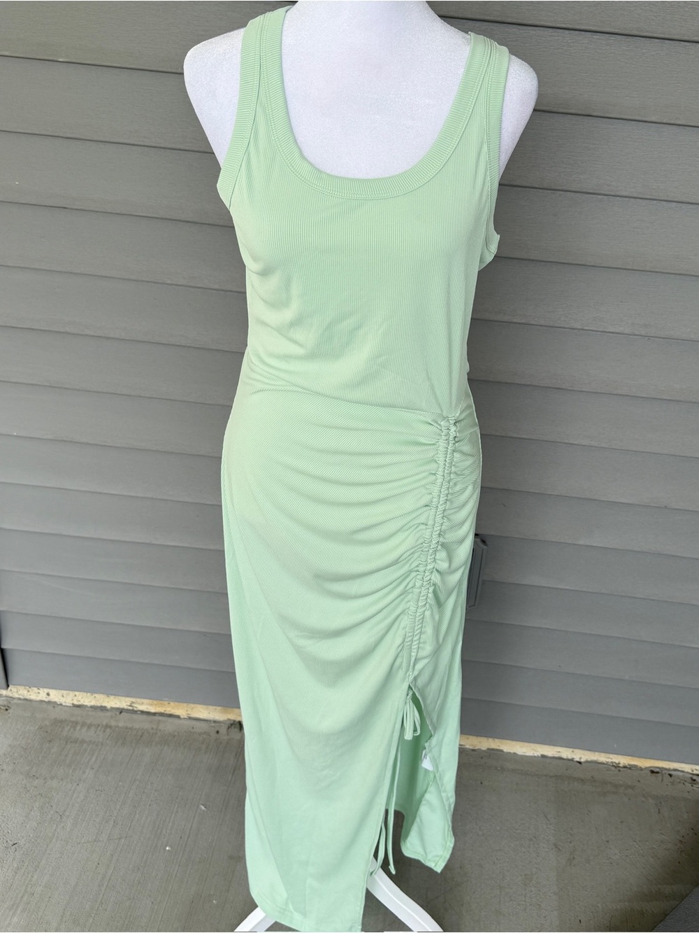 NWOT Women’s L Sage Green Ribbed Ruched Side Slit Midi Tank Dress Date Night